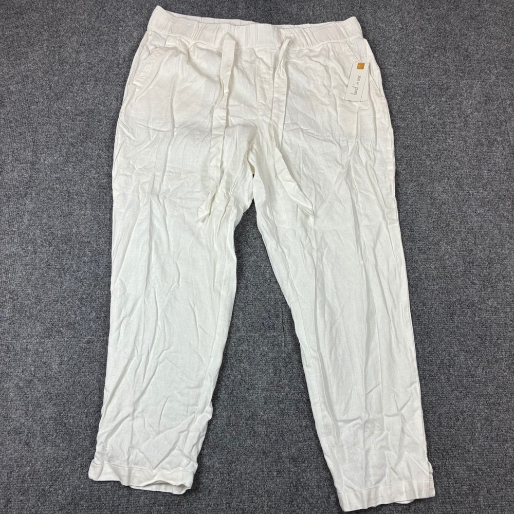 Land n Sea Womens White Washable Linen Blend Drawstring Pants Large 3065649HA
